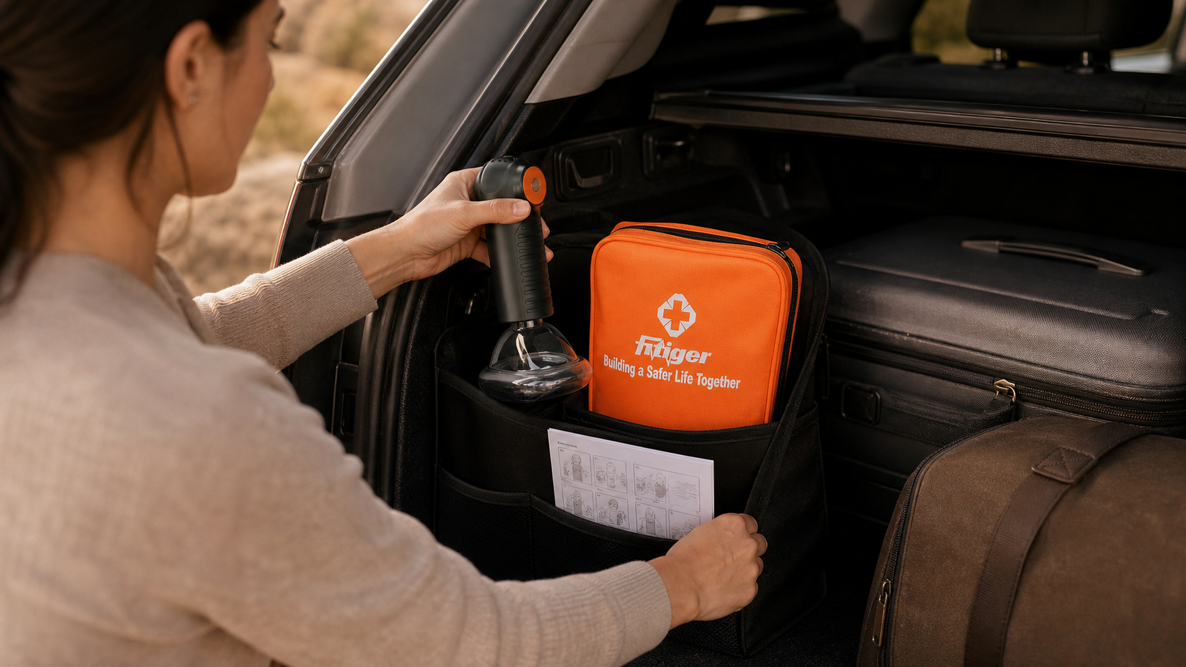 Cinematic 3D vehicle organizer scene with the real Fitiger EasyPumpVac and orange Fitiger travel bag
