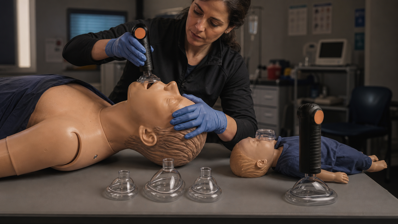 Cinematic 3D training scene showing adult and child manikins with mask sizes for the real Fitiger EasyPumpVac