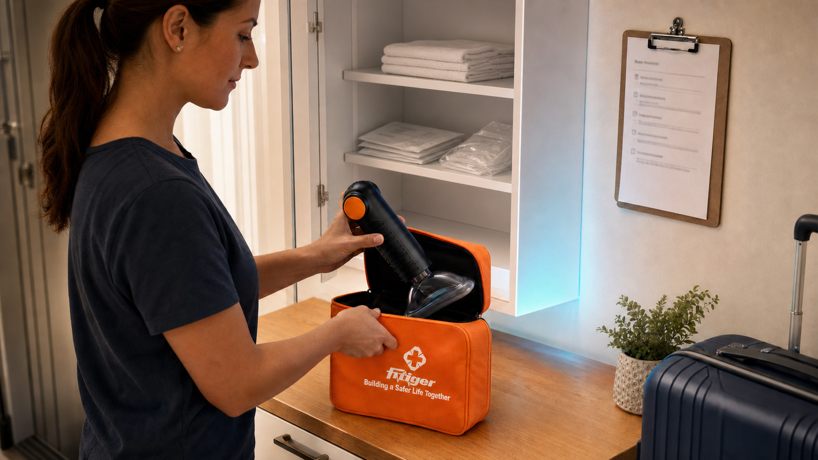 Cinematic 3D scene showing the real Fitiger EasyPumpVac transferred from home storage into the orange Fitiger bag beside an inspection checklist