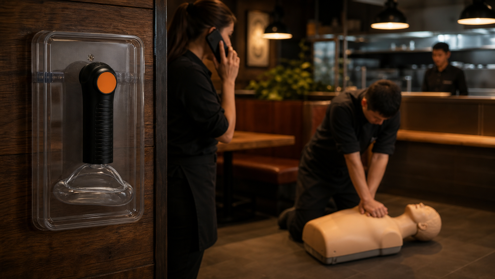 Cinematic 3D restaurant preparedness scene with the real Fitiger EasyPumpVac staged as a second line backup