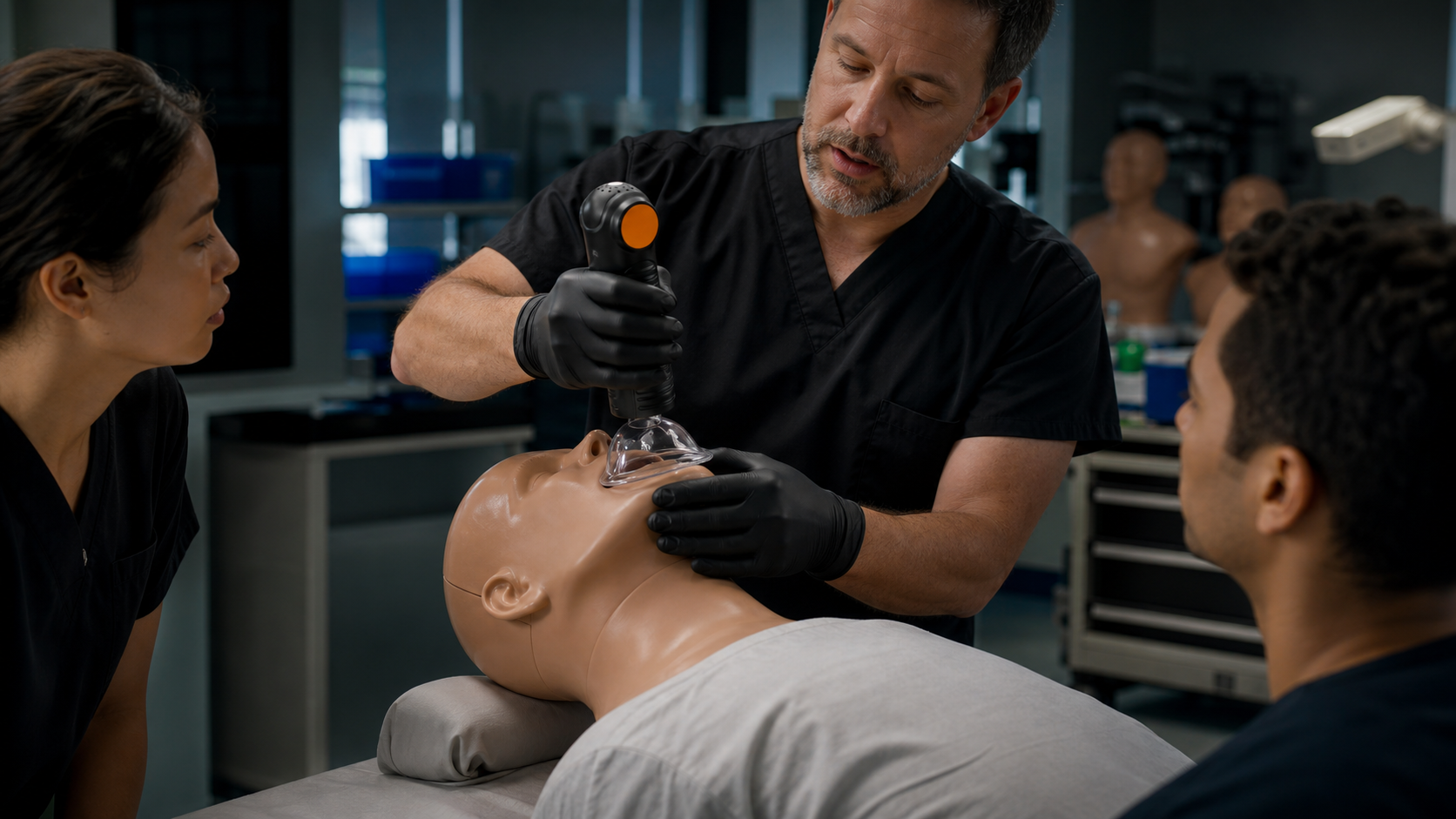 Cinematic 3D manikin training scene demonstrating controlled operation of the real Fitiger EasyPumpVac