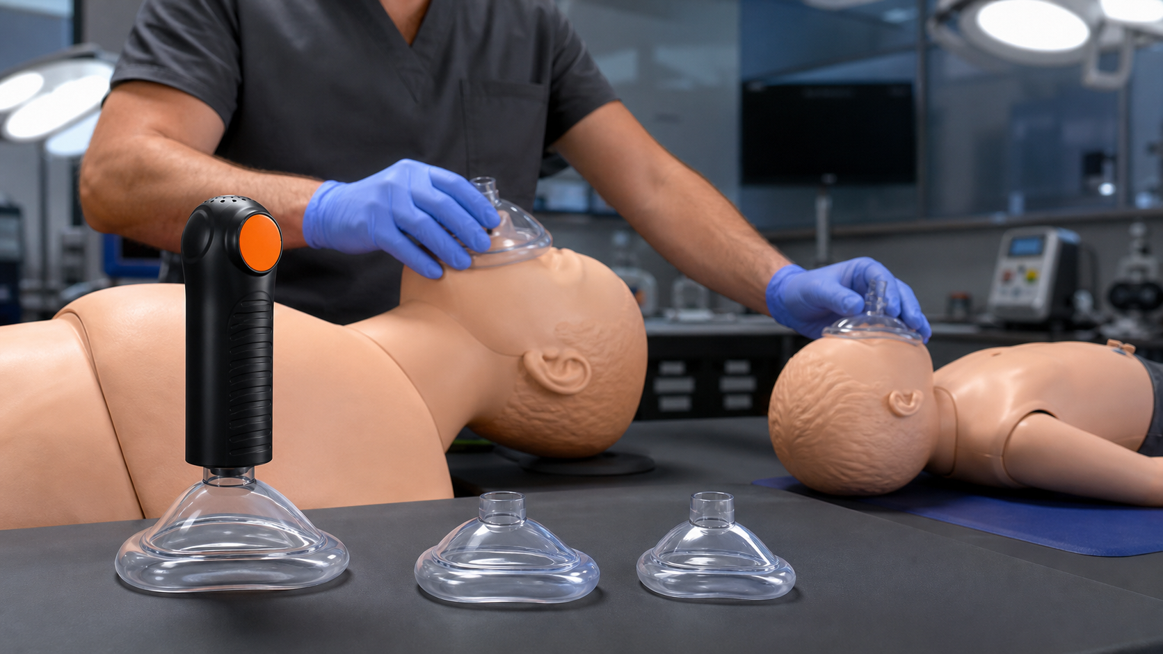 Cinematic 3D clinical scene showing EasyPumpVac mask sizes and seal checks on training manikins