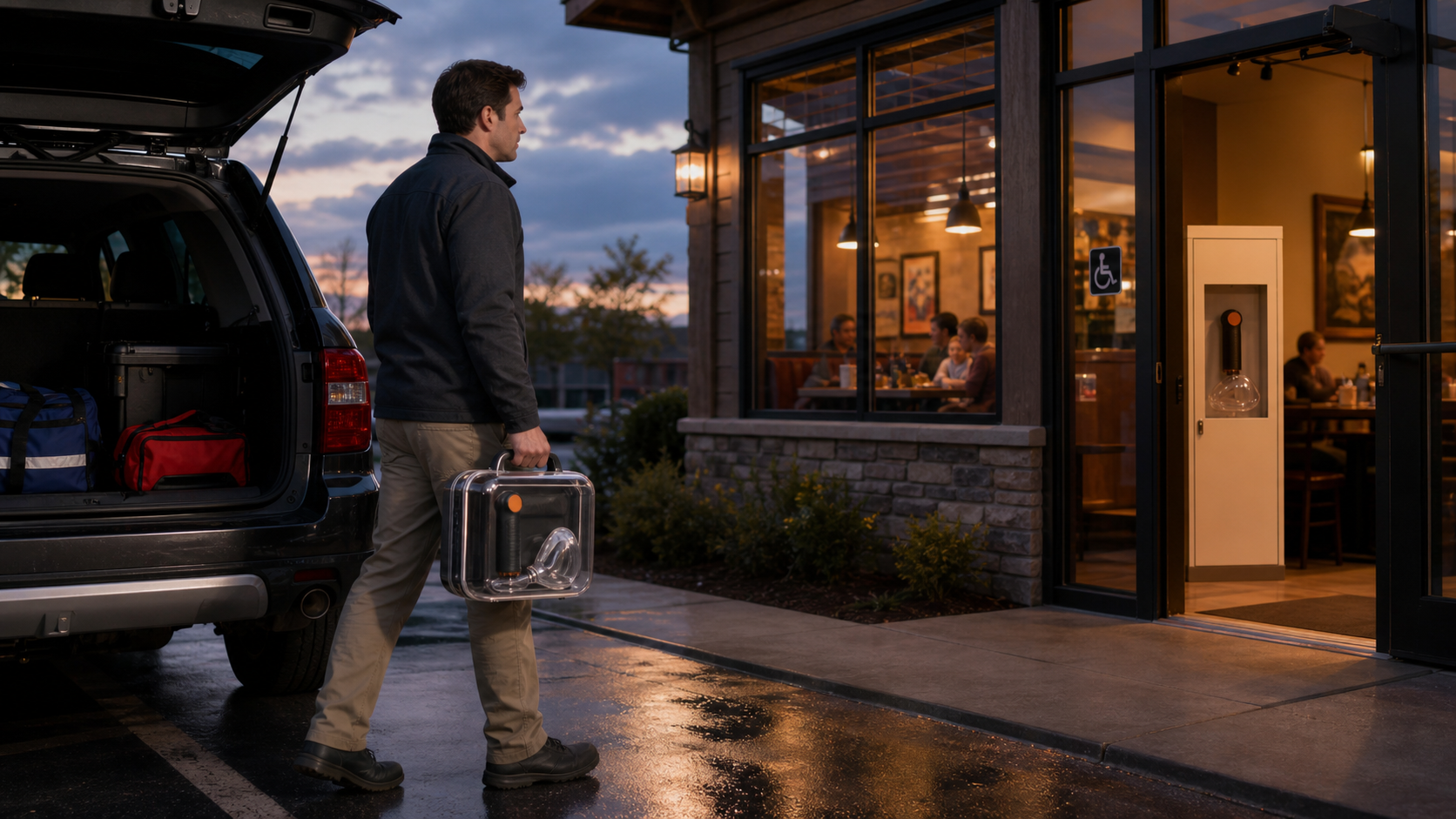 Cinematic 3D readiness scene showing the real Fitiger EasyPumpVac carried from a vehicle to an accessible restaurant station