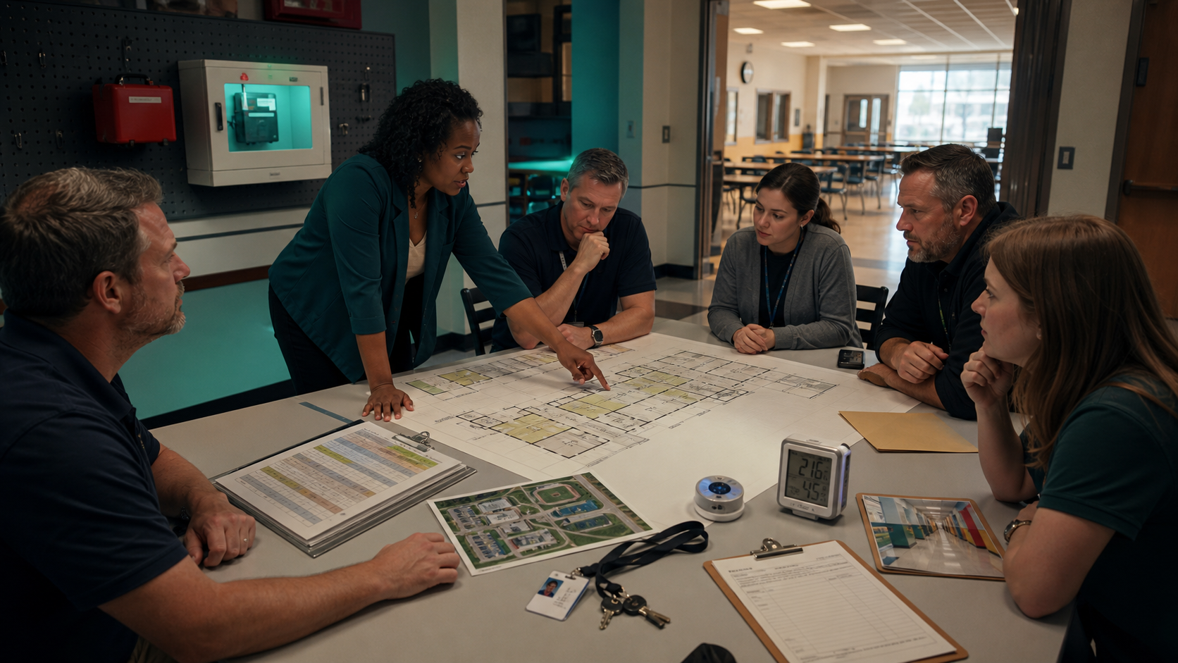 Safety team evaluating occupancy, food use, trained access, storage environment, ownership, and changing conditions before device placement