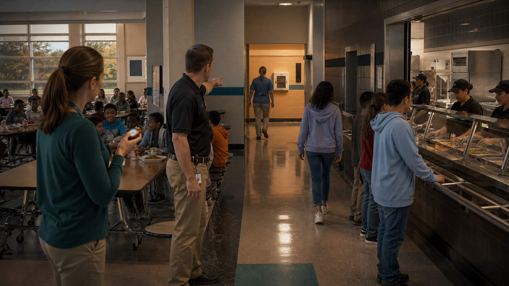 Cafeteria staff comparing retrieval routes from the farthest table through active meal service to a staff-accessible emergency cabinet