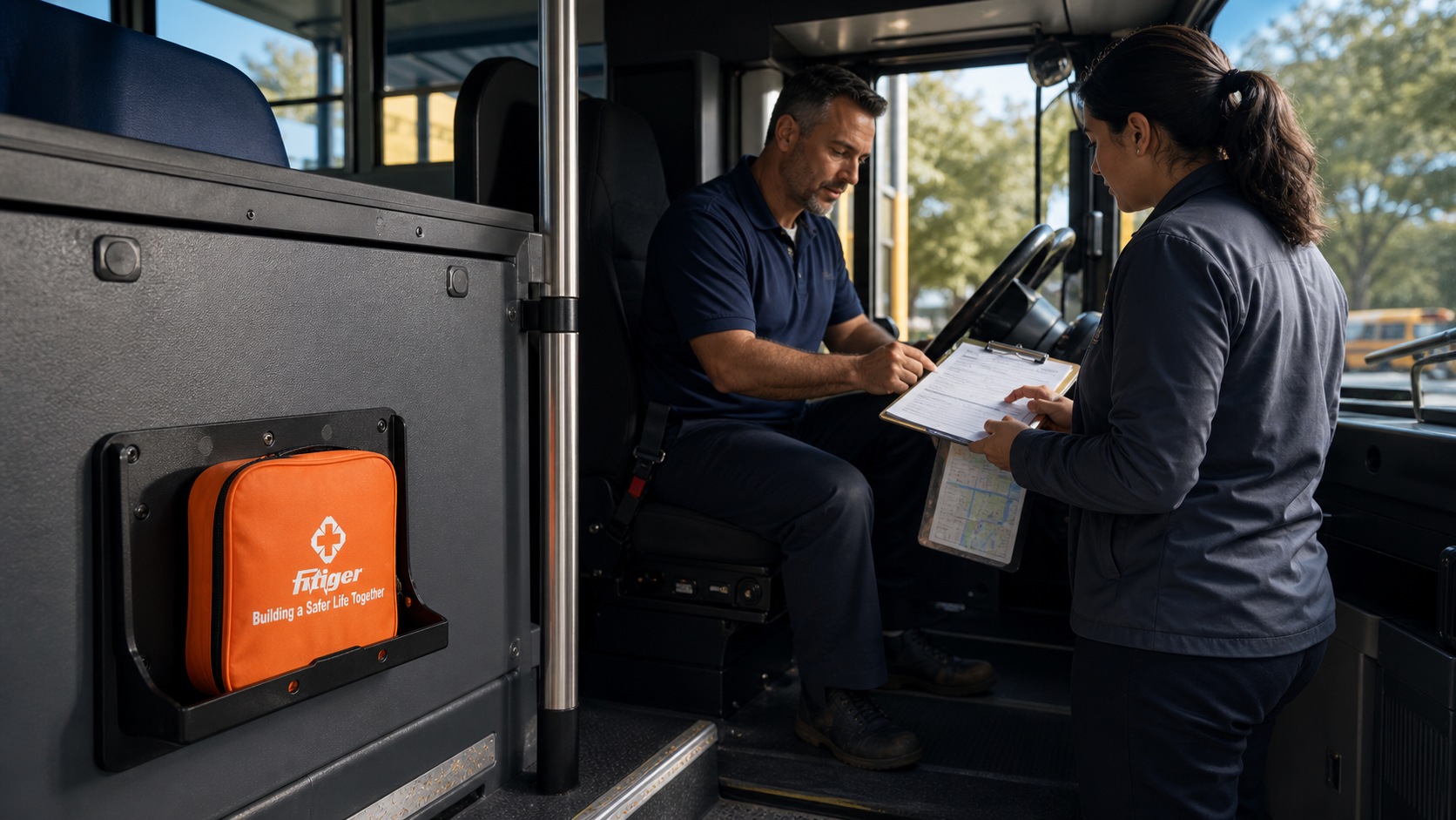 Real orange FITIGER emergency bag secured on a school bus with driver access, clear exits, environmental protection, custody, and transfer controls
