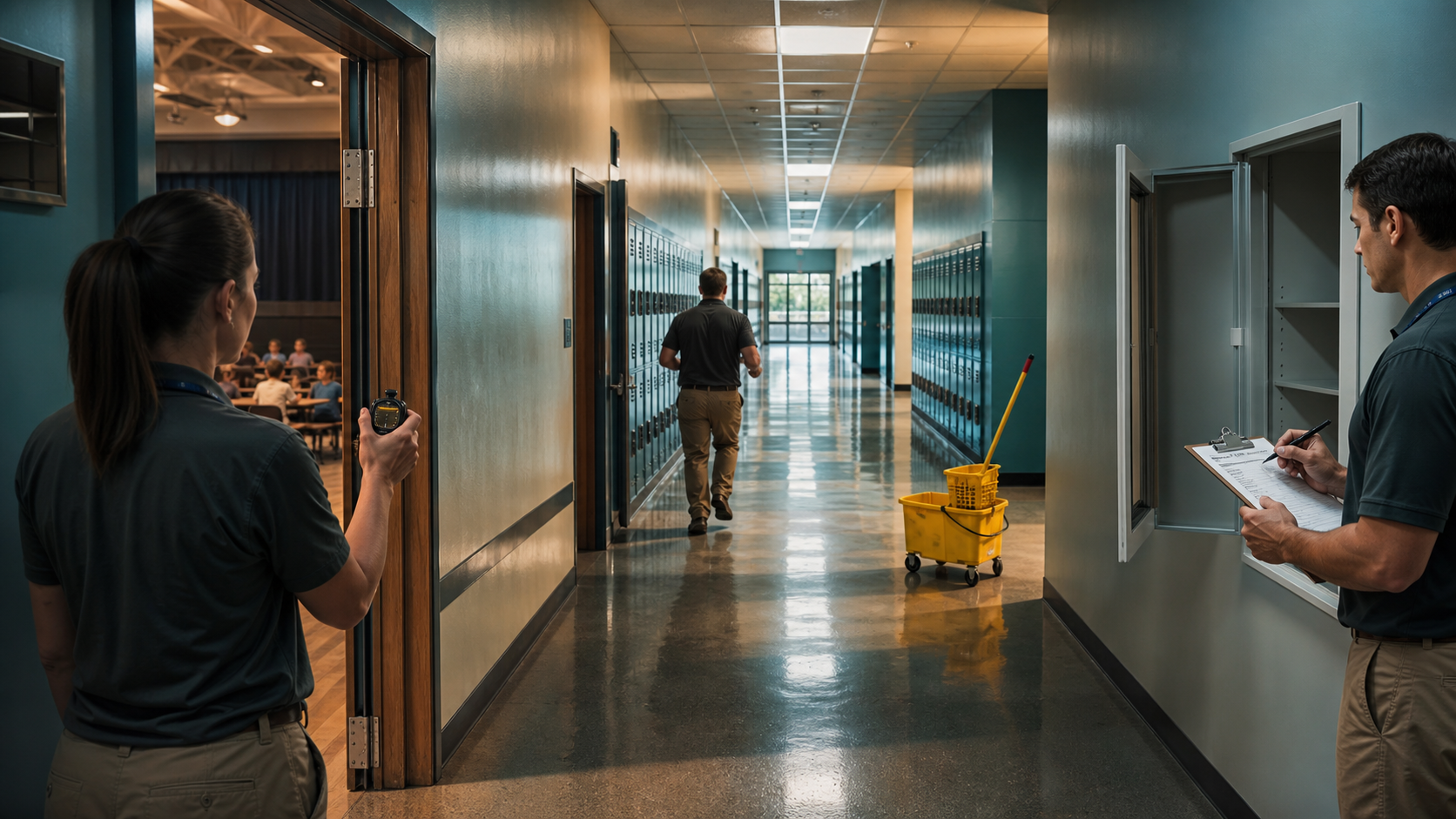 Staff timing an emergency-equipment route from the farthest occupied point while recording doors, obstacles, keys, familiarity, and corrective actions