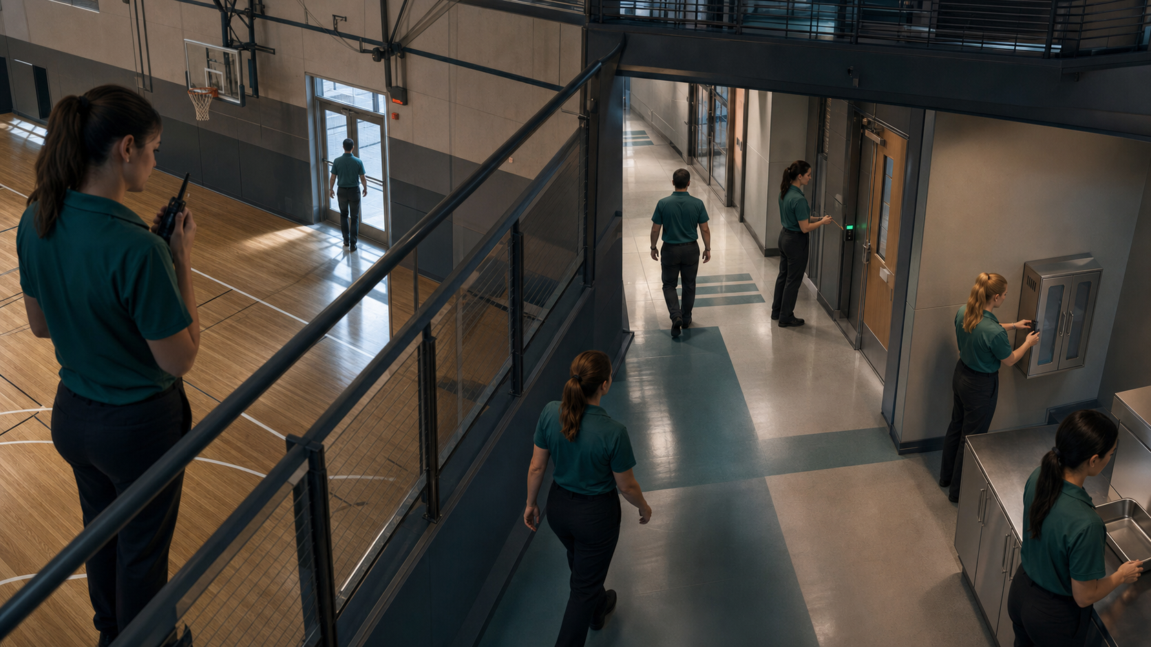 Staff auditing the seven-stage emergency-equipment route from recognition and departure through access control, cabinet identification, kit readiness, and return