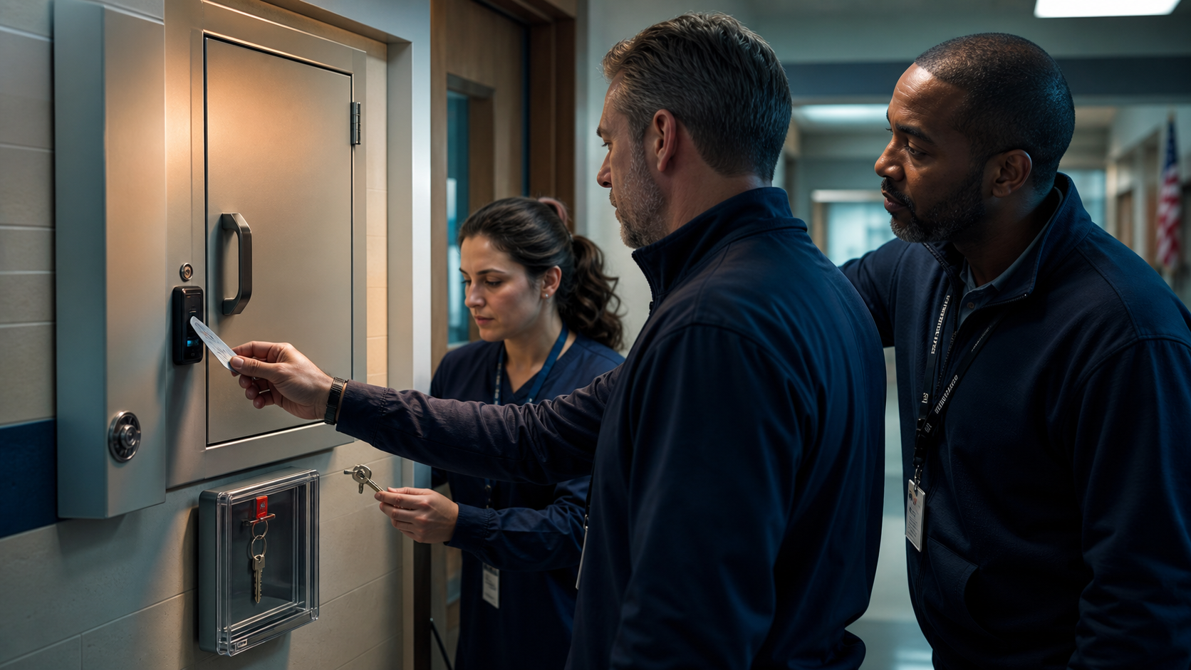 School emergency cabinet audit checking a backup key, badge access, tamper control, responsible ownership, and an unobstructed retrieval path