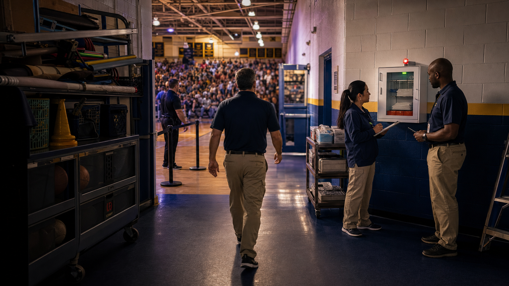 Staff conducting a fifteen-step access audit from the farthest occupied area through uncoached retrieval, kit verification, barrier classification, ownership, and retesting