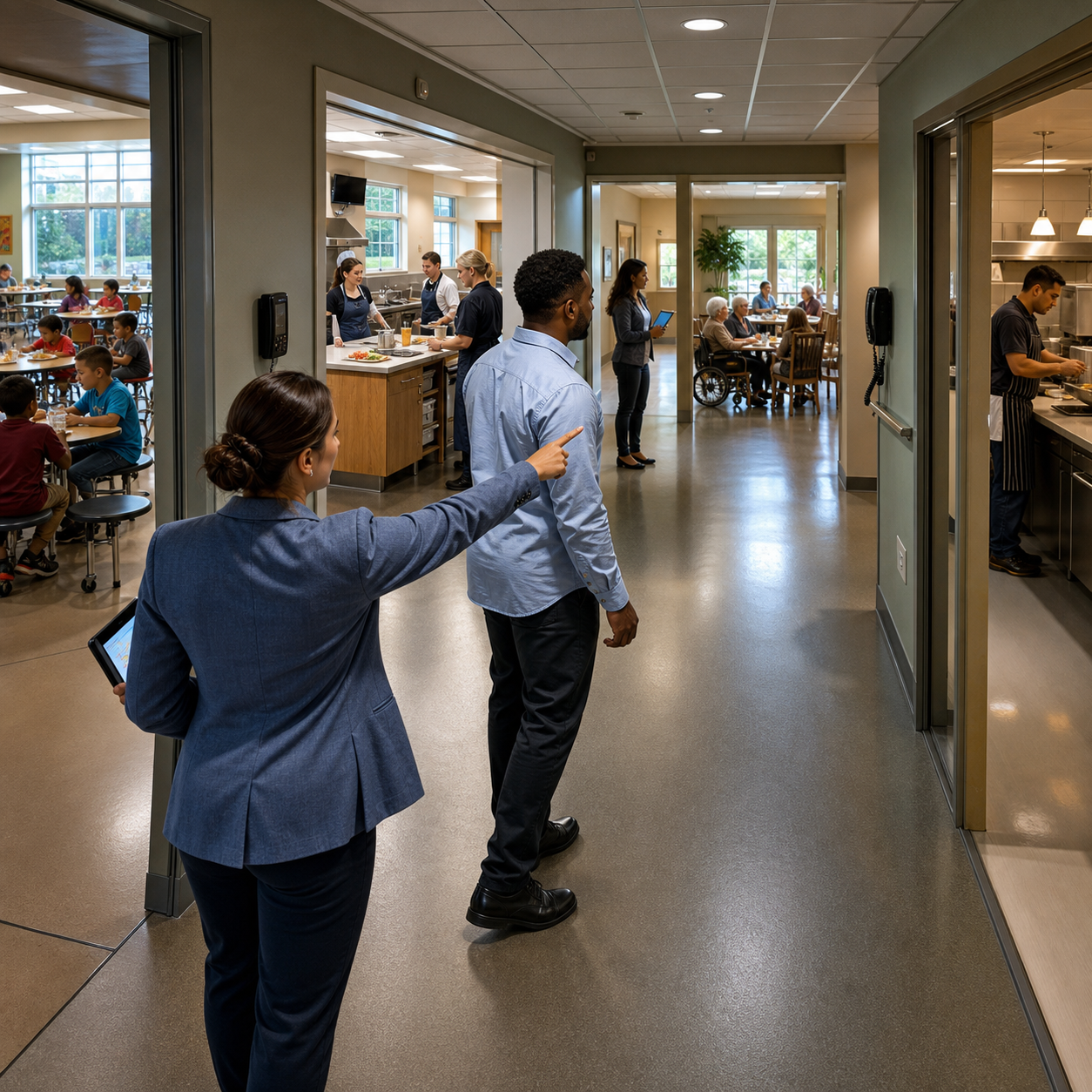 Cinematic 3D readiness routes connecting a home kitchen school cafeteria senior-care dining room and restaurant