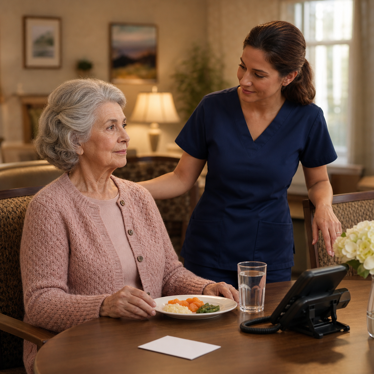 Cinematic 3D elder-care meal with safer portions upright posture supervision phone access and response card