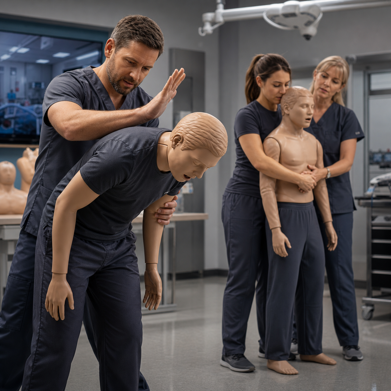 Cinematic 3D adult choking first-aid training with 5 back blows and 5 abdominal thrusts