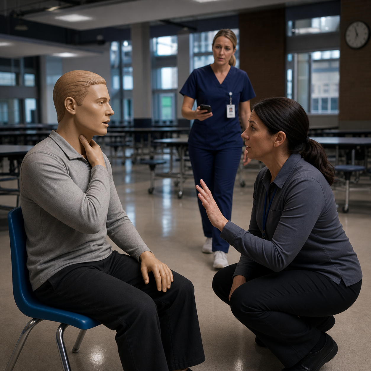 Cinematic 3D after-hours school cafeteria drill showing adult staff calmly recognizing silent choking warning signs on a training mannequin