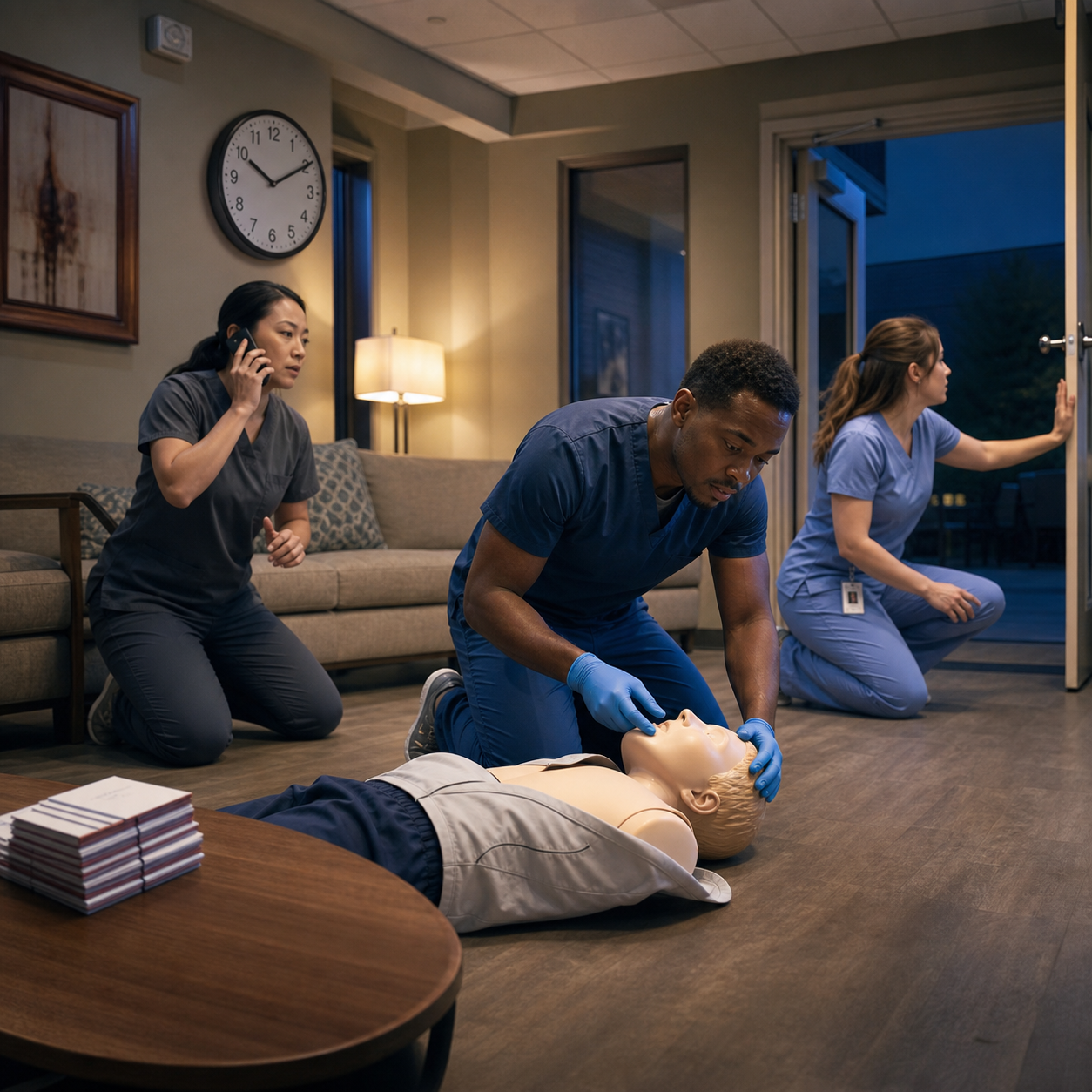 Cinematic 3D elder-care staff micro-drill showing assessment caller and access roles in a short repeatable practice session