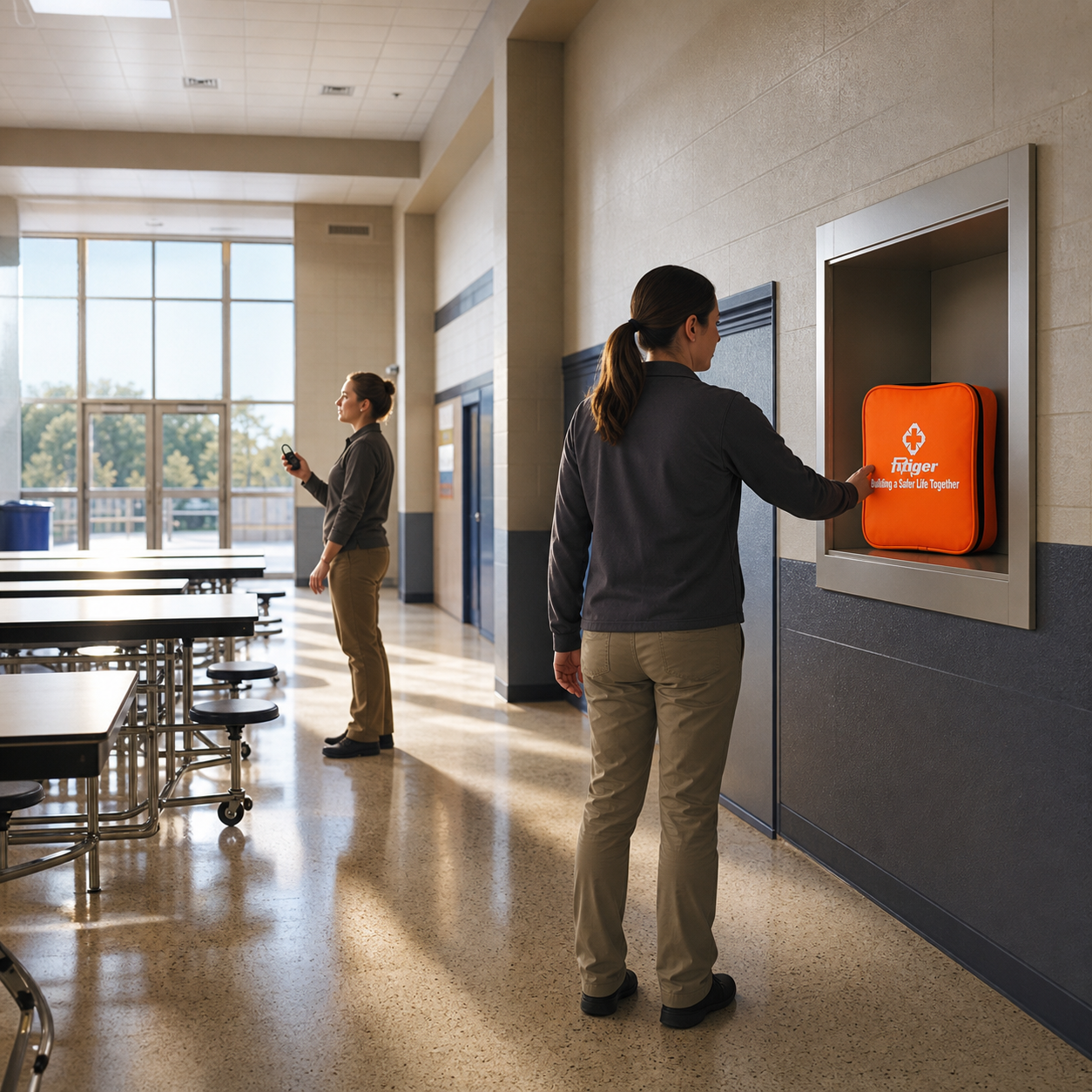 Cinematic 3D school placement walk-through showing the real orange FITIGER emergency bag visible and reachable near the cafeteria