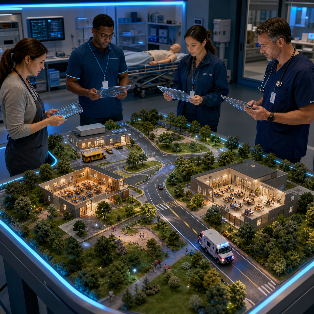 Cinematic 3D planning center showing professionals linking home school care and EMS readiness in one community model
