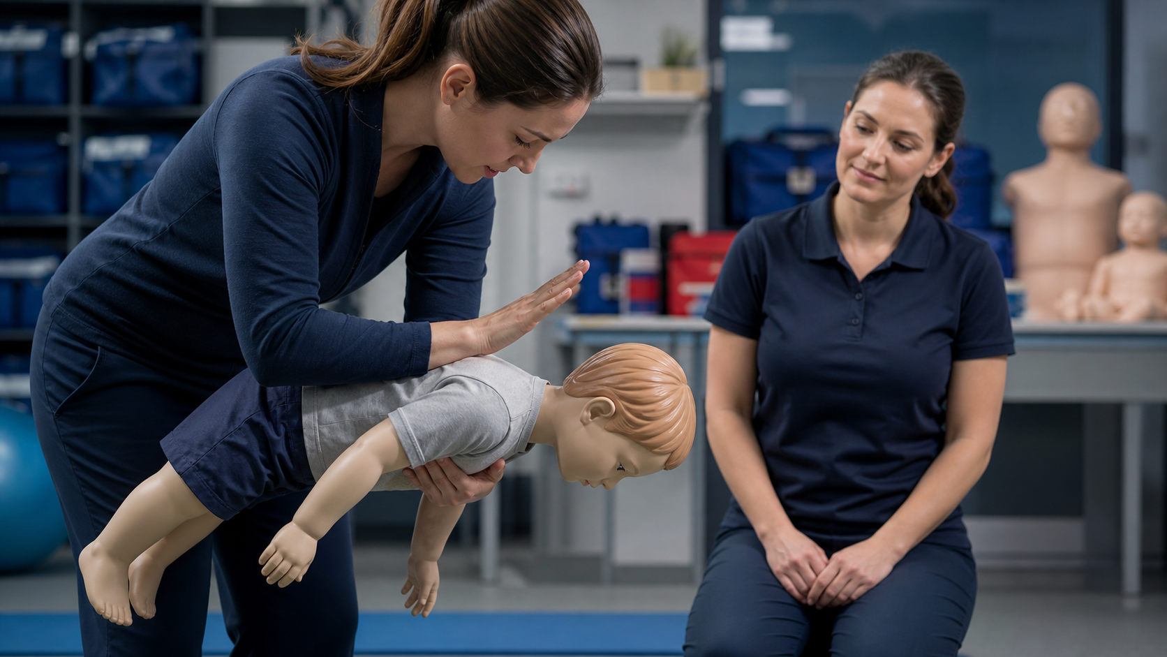 Cinematic 3D caregiver training child choking first aid with a child manikin
