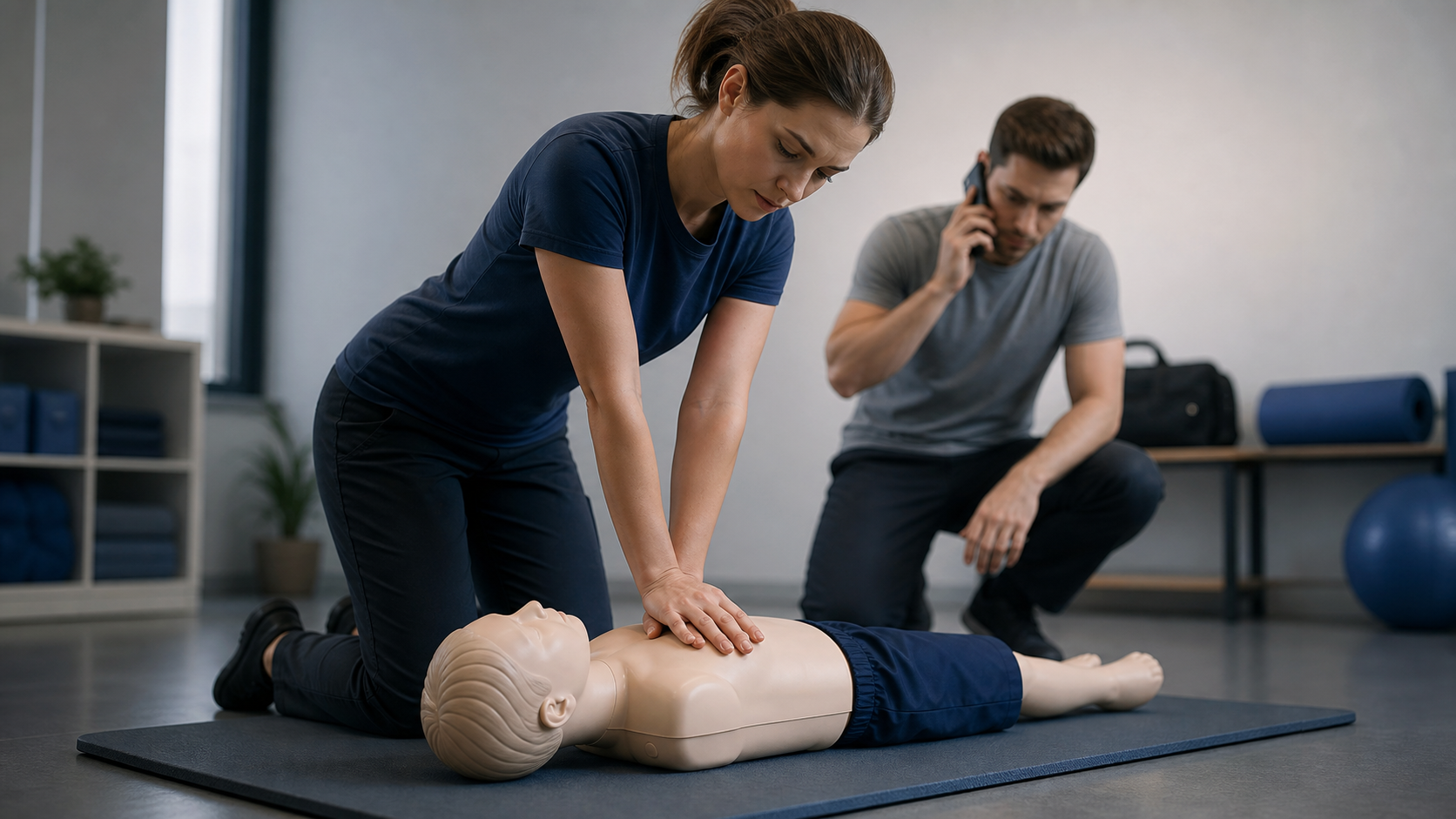 Cinematic 3D pediatric CPR manikin training with emergency call support