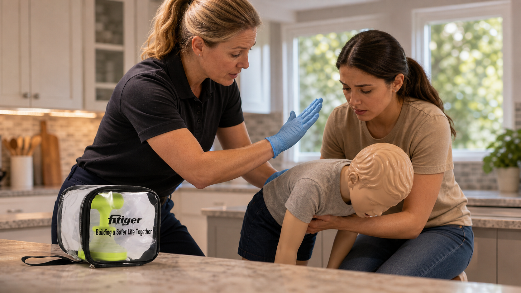 Real FITIGER FoldPumpVac package shown as second-line readiness after standard child choking rescue