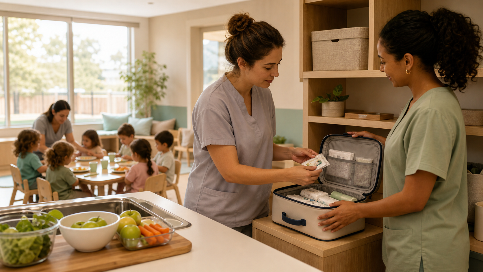 Cinematic 3D daycare caregiver choking-readiness preparation during a supervised meal