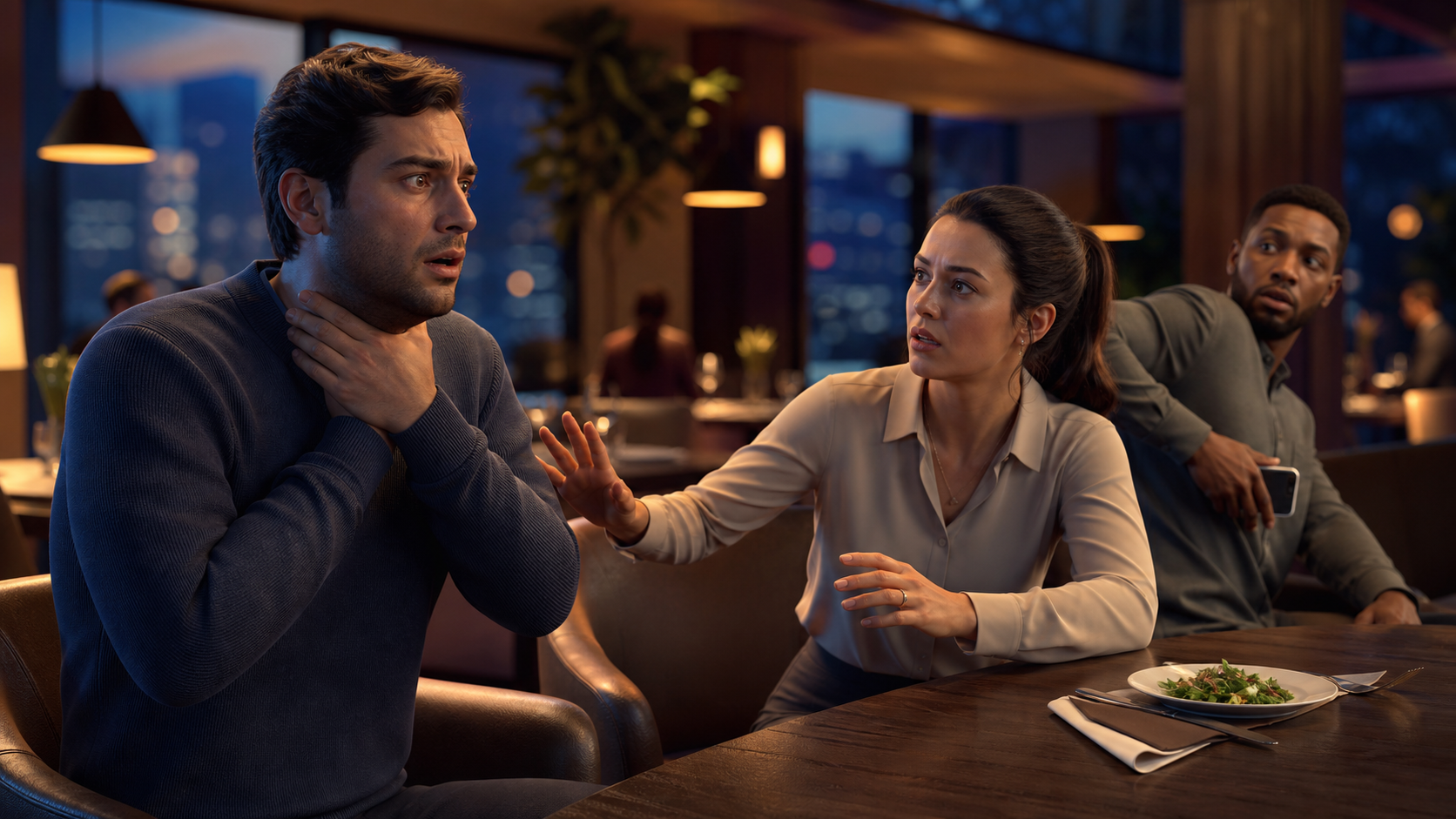 Cinematic 3D adult meal scene showing silent severe choking signs and bystander recognition