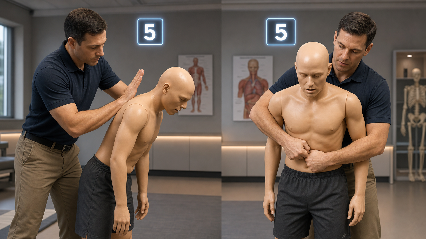 Cinematic 3D adult first-aid training with 5 back blows and 5 abdominal thrusts