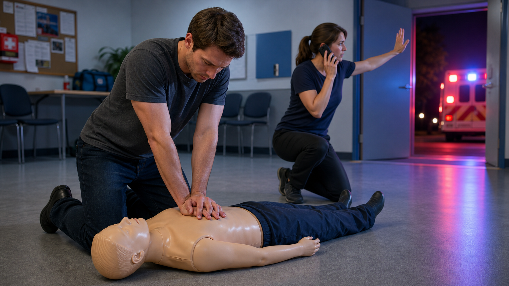 Cinematic 3D CPR training for an unresponsive adult choking emergency with 911 and EMS readiness