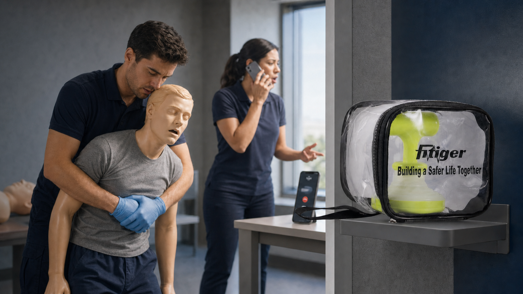 Real FITIGER FoldPumpVac package shown as second-line backup after manual adult choking rescue