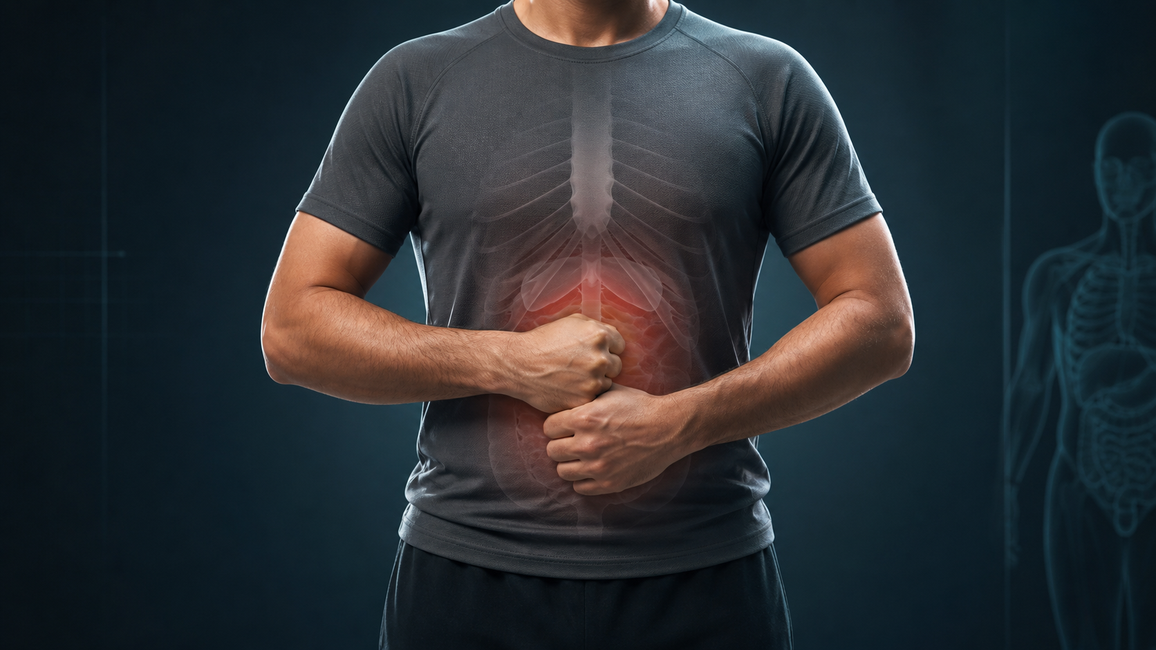 Cinematic 3D medical view of self-abdominal thrust hand placement above the navel