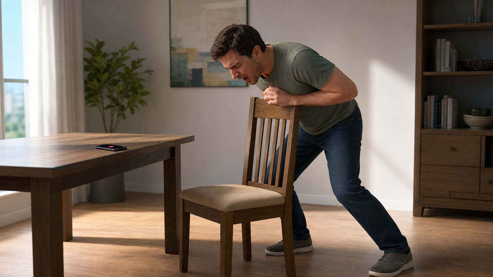 Cinematic 3D adult using a stable chair back for choking self-rescue while alone