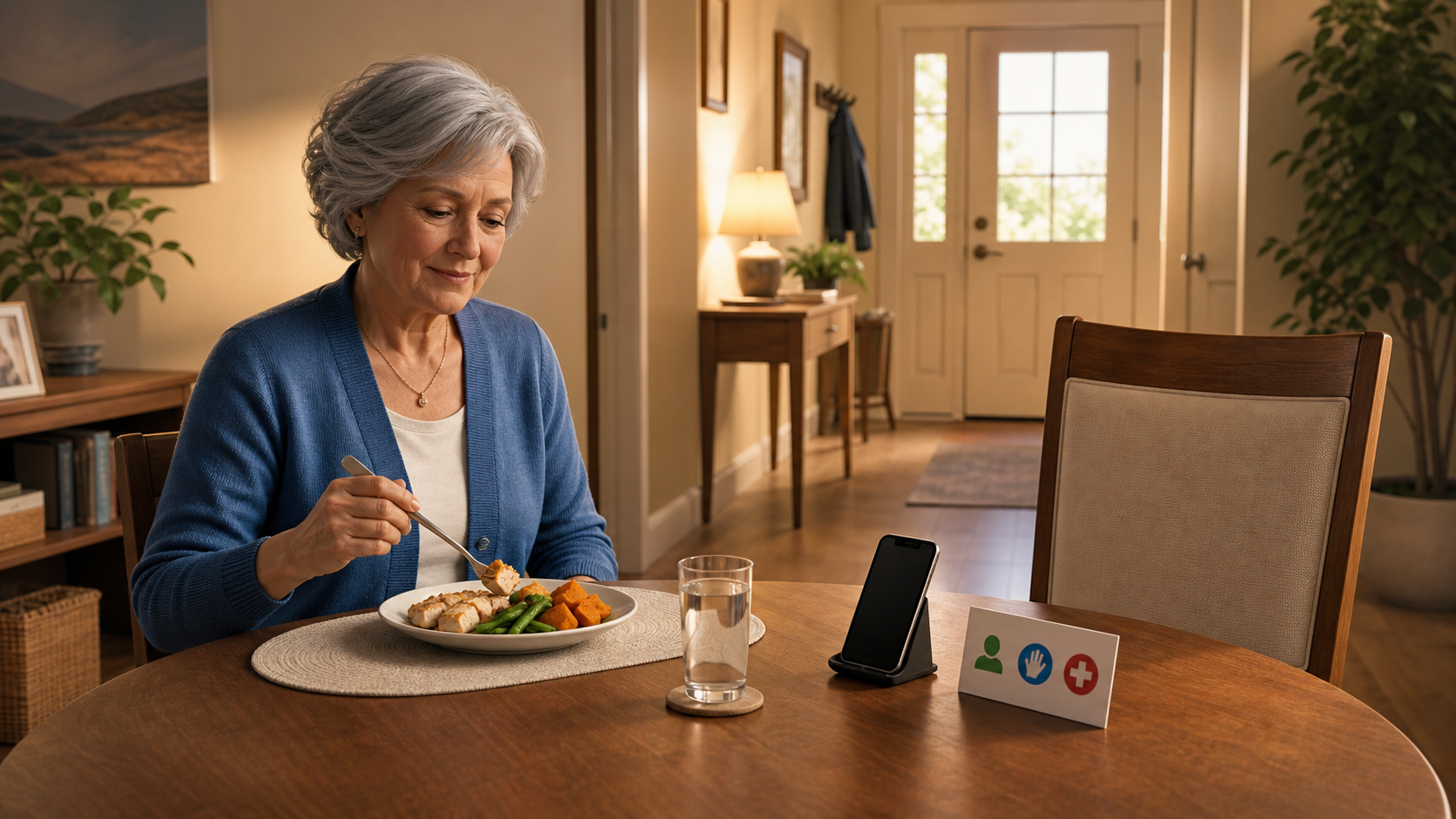 Cinematic 3D older adult eating alone with smaller portions phone and emergency reminder