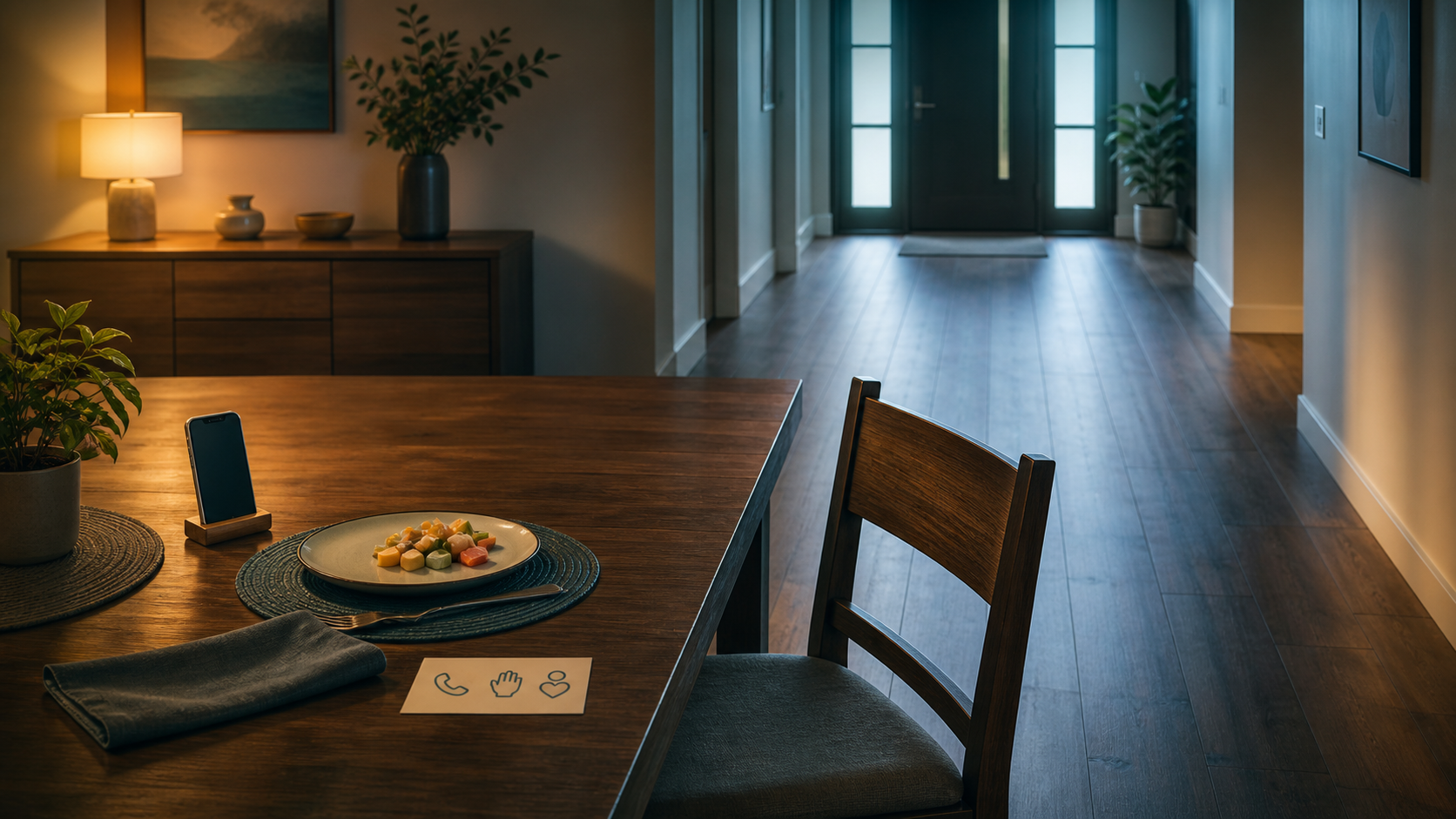Cinematic 3D home dining readiness layout with clear route phone stable chair and reminder card
