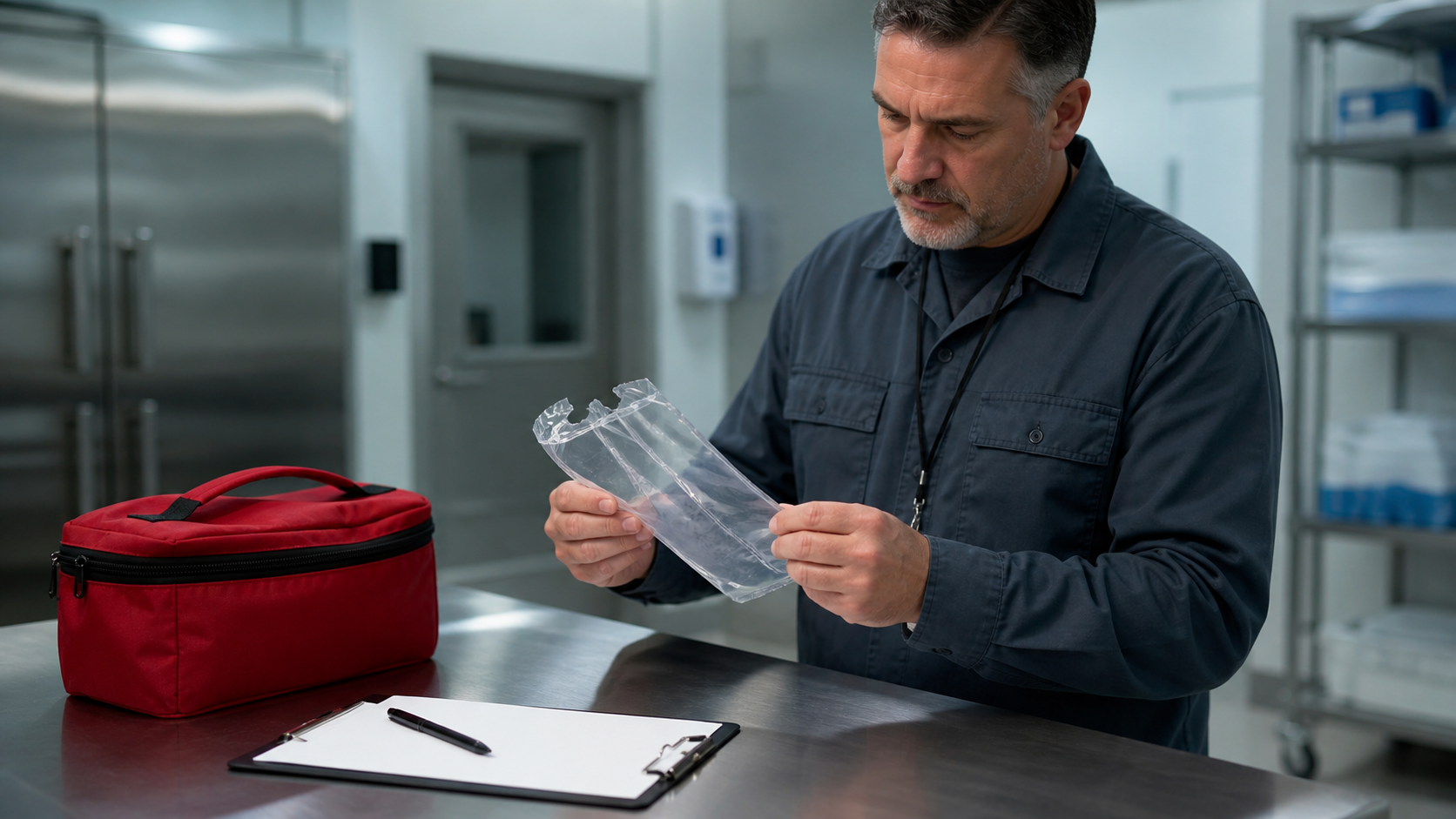 Cinematic 3D inspection of an empty broken protective pouch