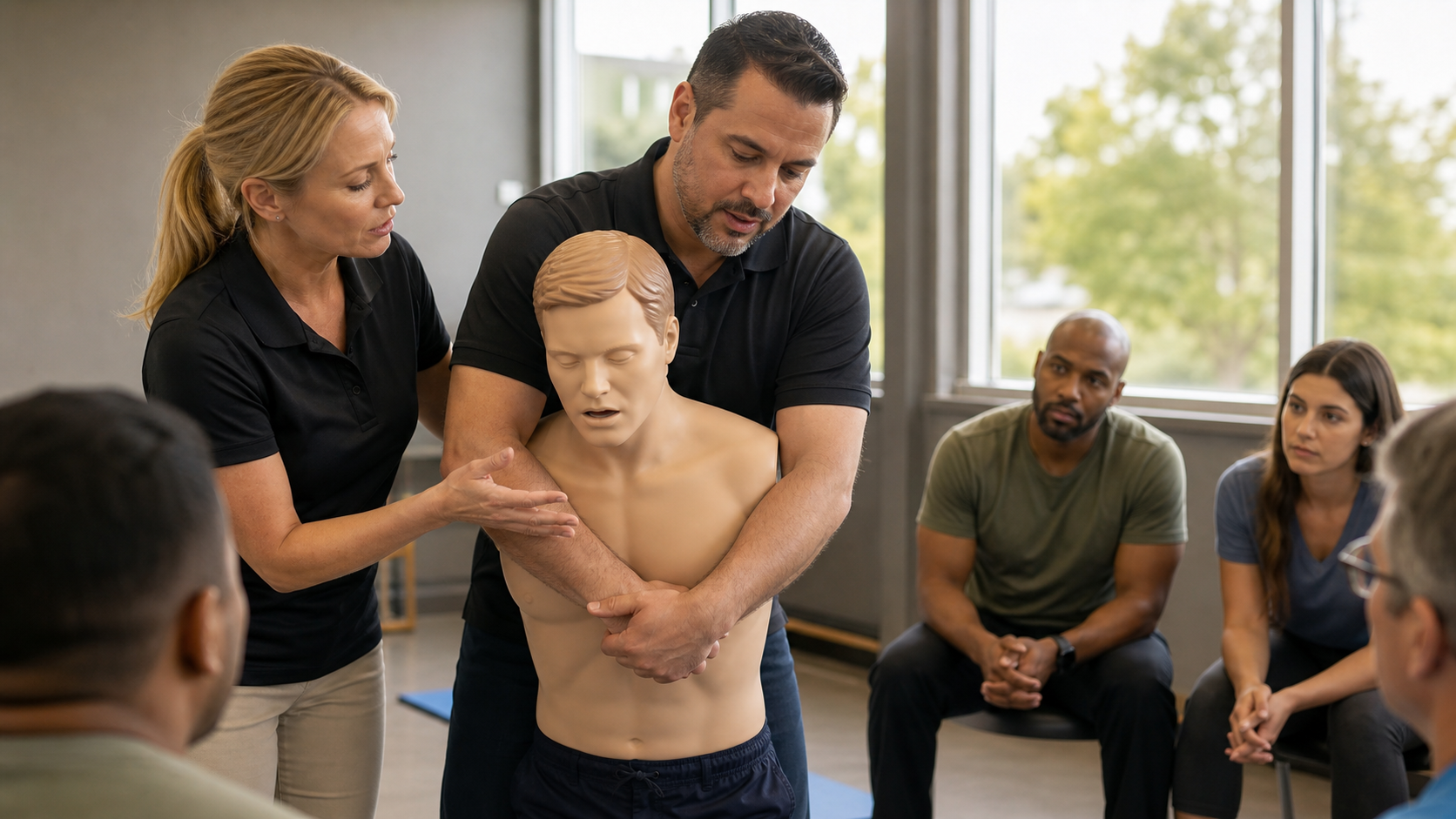 Cinematic 3D manual-first choking-response training with adult manikin