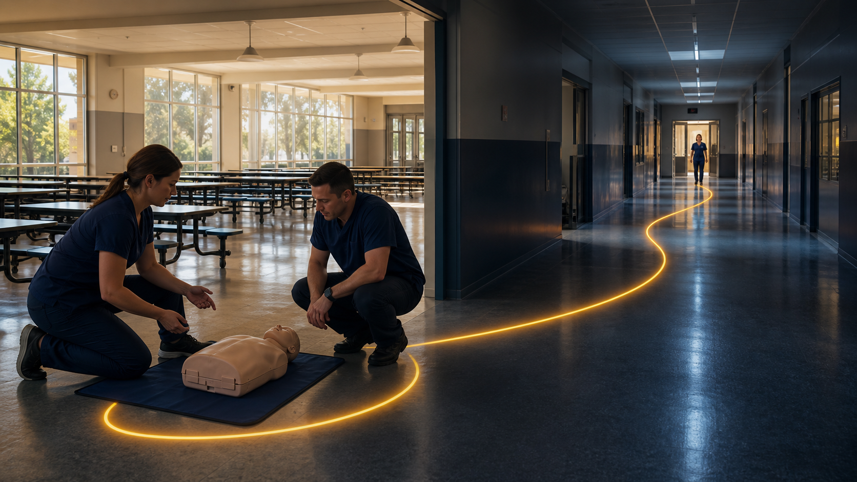Two adult staff members begin a cafeteria first-aid drill while the school nurse follows a much longer corridor route.