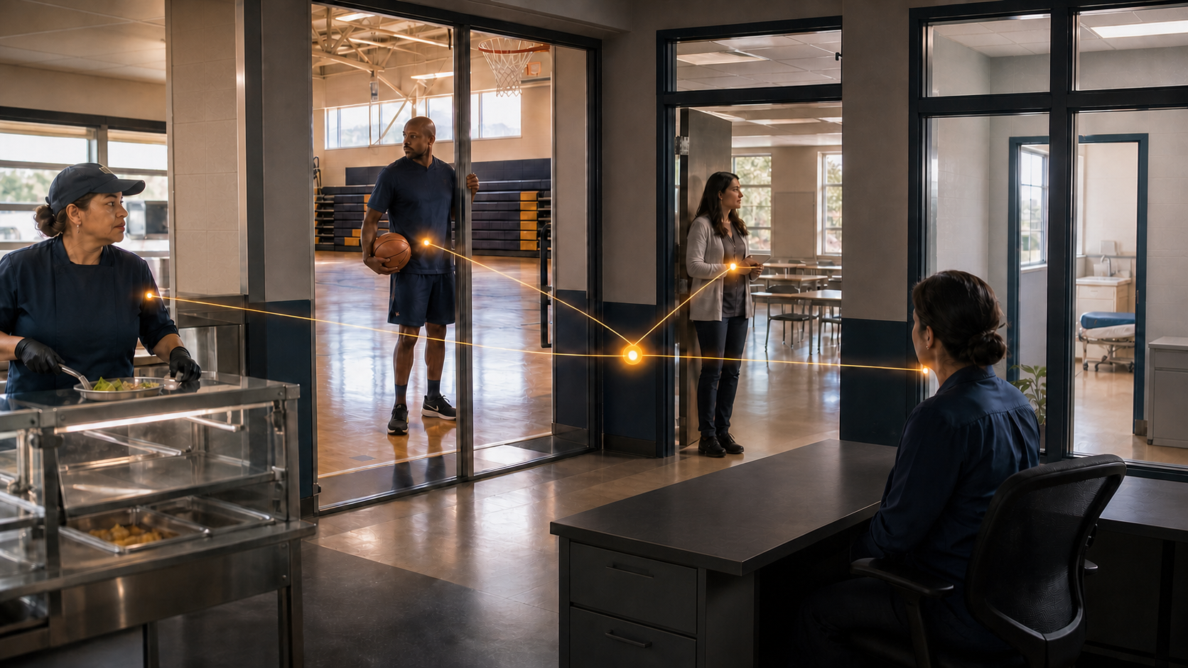 Cafeteria, gym, office, and corridor staff form the real on-site response network while the health room is temporarily empty.