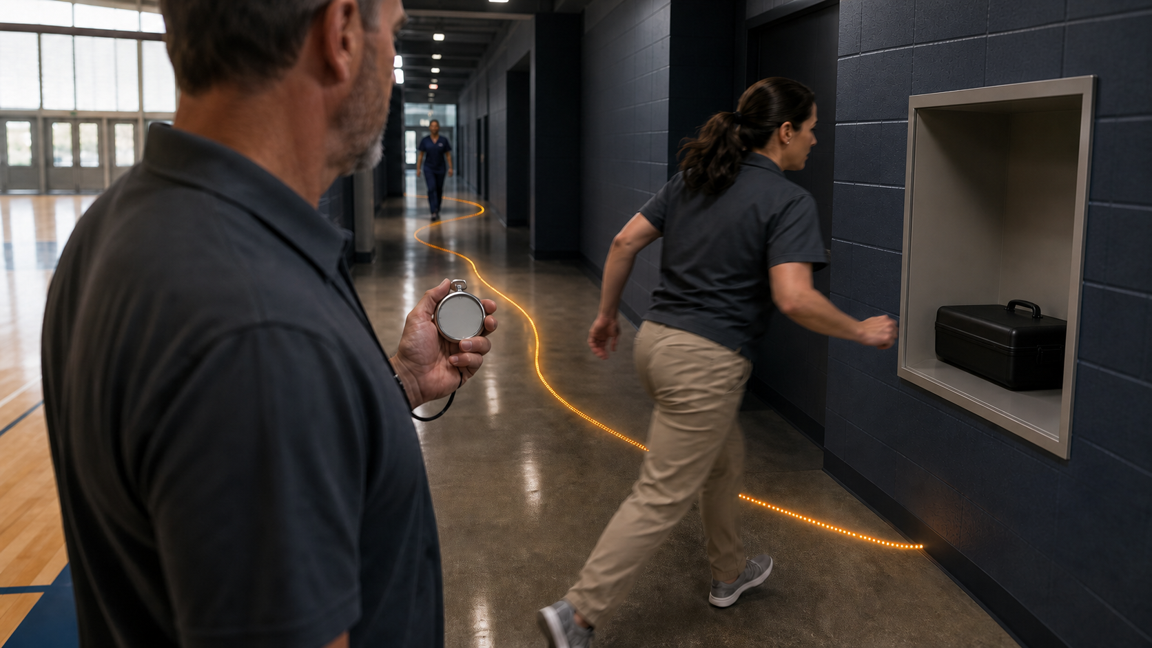 A school team times the short route to an open-access sealed backup case against the nurse's longer travel path.
