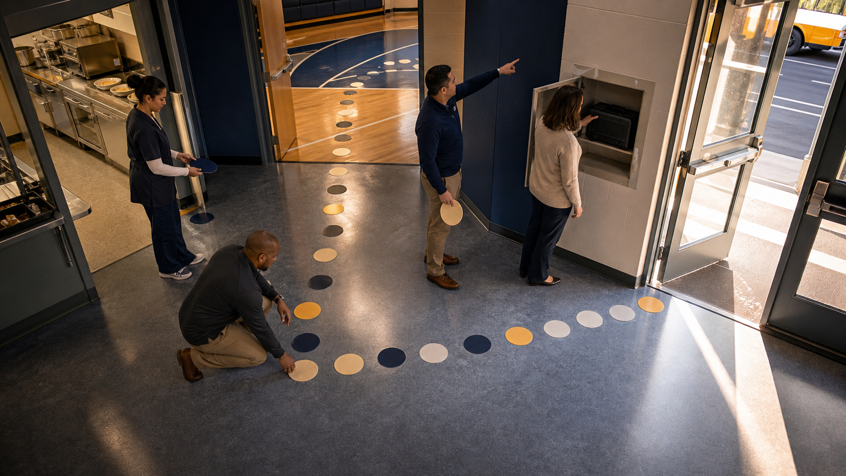 A nurse, facilities lead, administrator, and cafeteria manager audit clear response routes across key school zones.