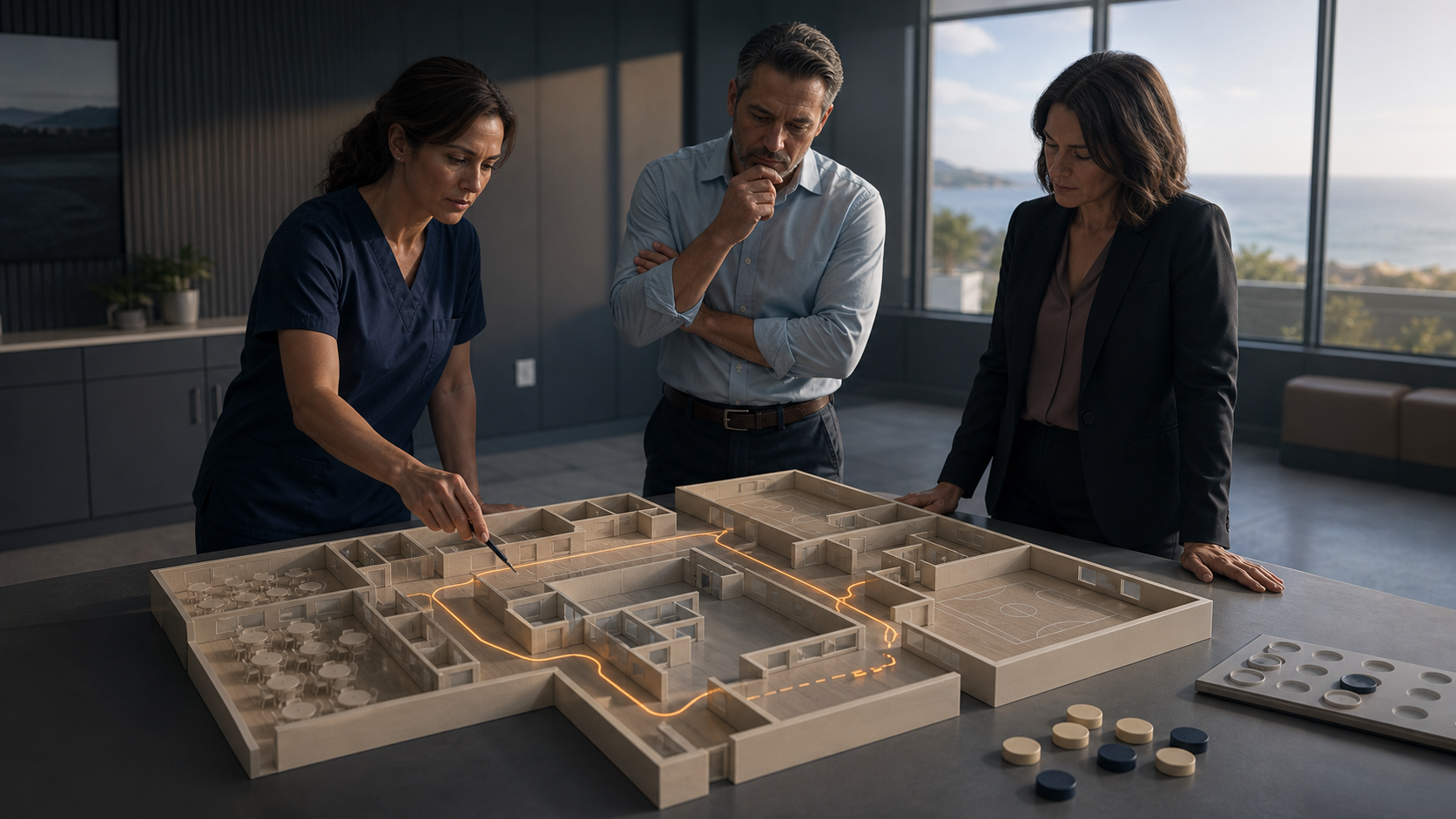 A school nurse, facilities lead, and administrator trace retrieval latency across a campus floor plan.