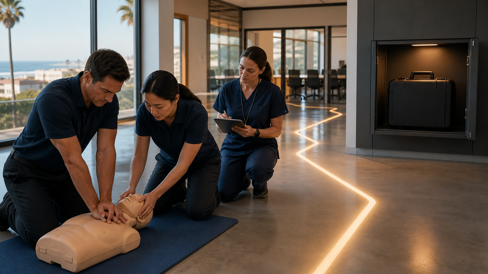 Adult school staff practice standard first aid while a sealed backup case remains ready within the planned second-line sequence.
