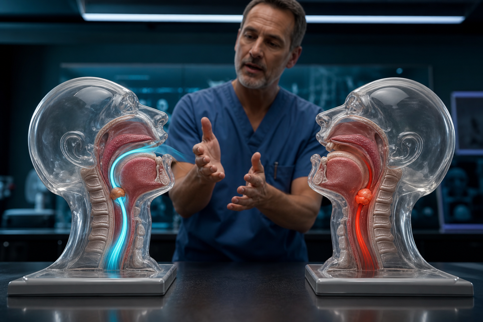 A medical educator compares translucent airway models showing partial airflow and complete obstruction.