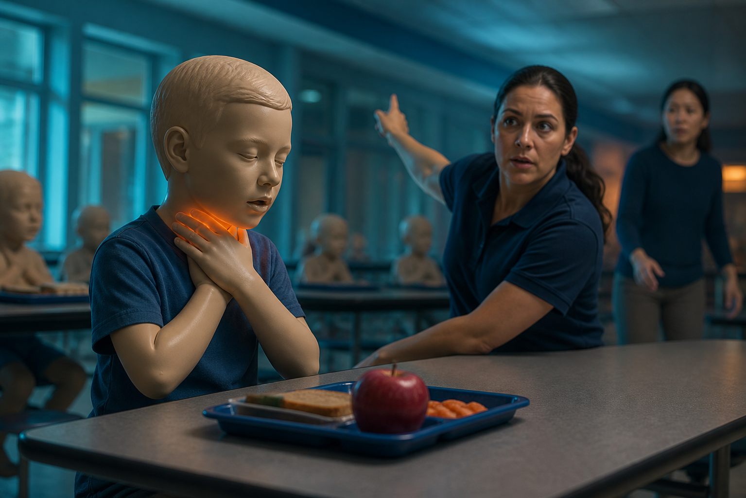 School staff recognize silent severe choking during a controlled child-mannequin cafeteria drill.
