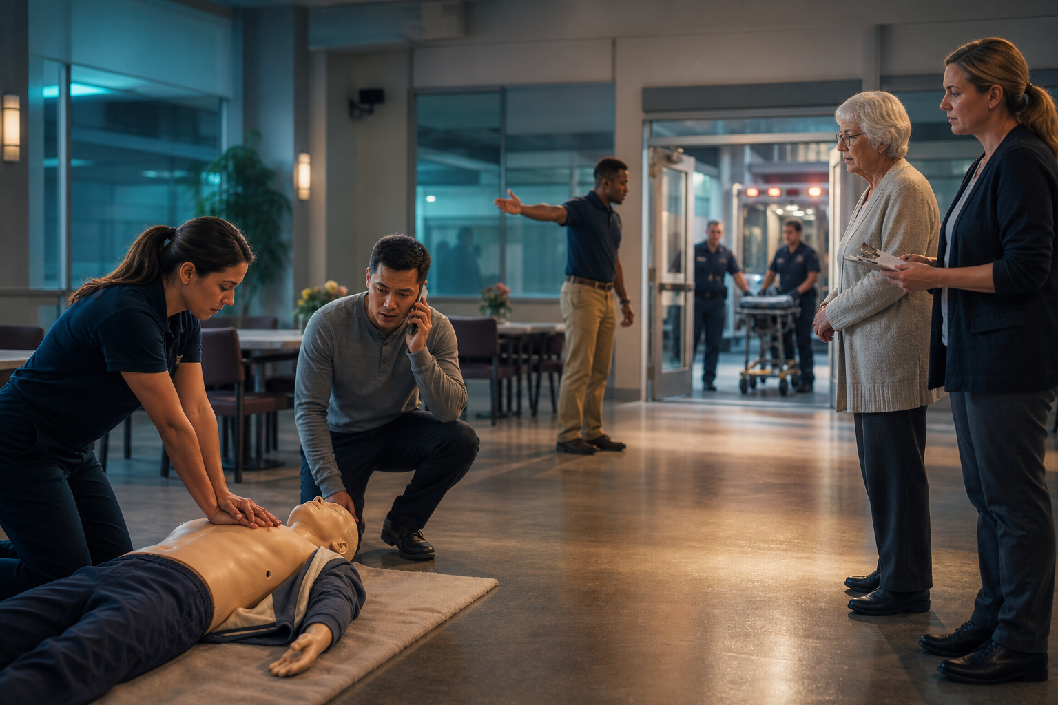 A community emergency drill coordinates first-line care, the emergency call, scene clearance, and EMS guidance.
