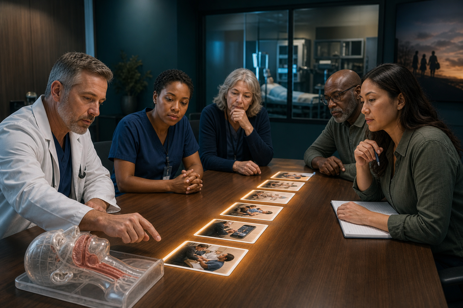 A multidisciplinary safety team reviews airway evidence and response sequence boundaries in a simulation conference room.
