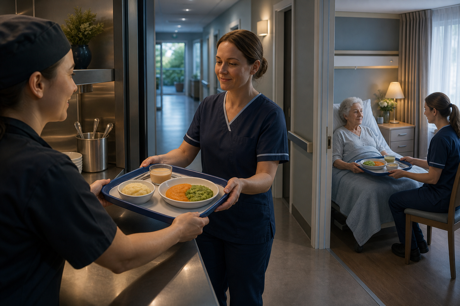A blue-rimmed modified-texture tray moves from the kitchen pass through staff handoff to bedside verification.