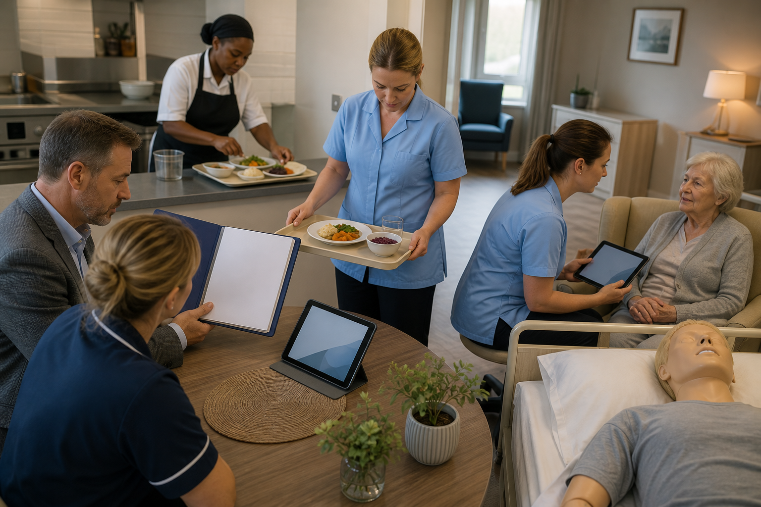 An assessor and care team trace one resident's evidence path across preparation, tray check, bedside documentation, and response readiness.