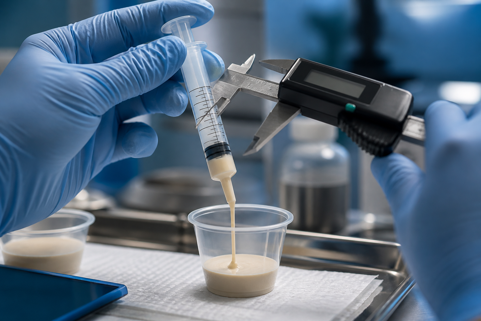 Gloved hands use a precision caliper to verify the geometry of a clear slip-tip syringe during a thickened-drink flow test.