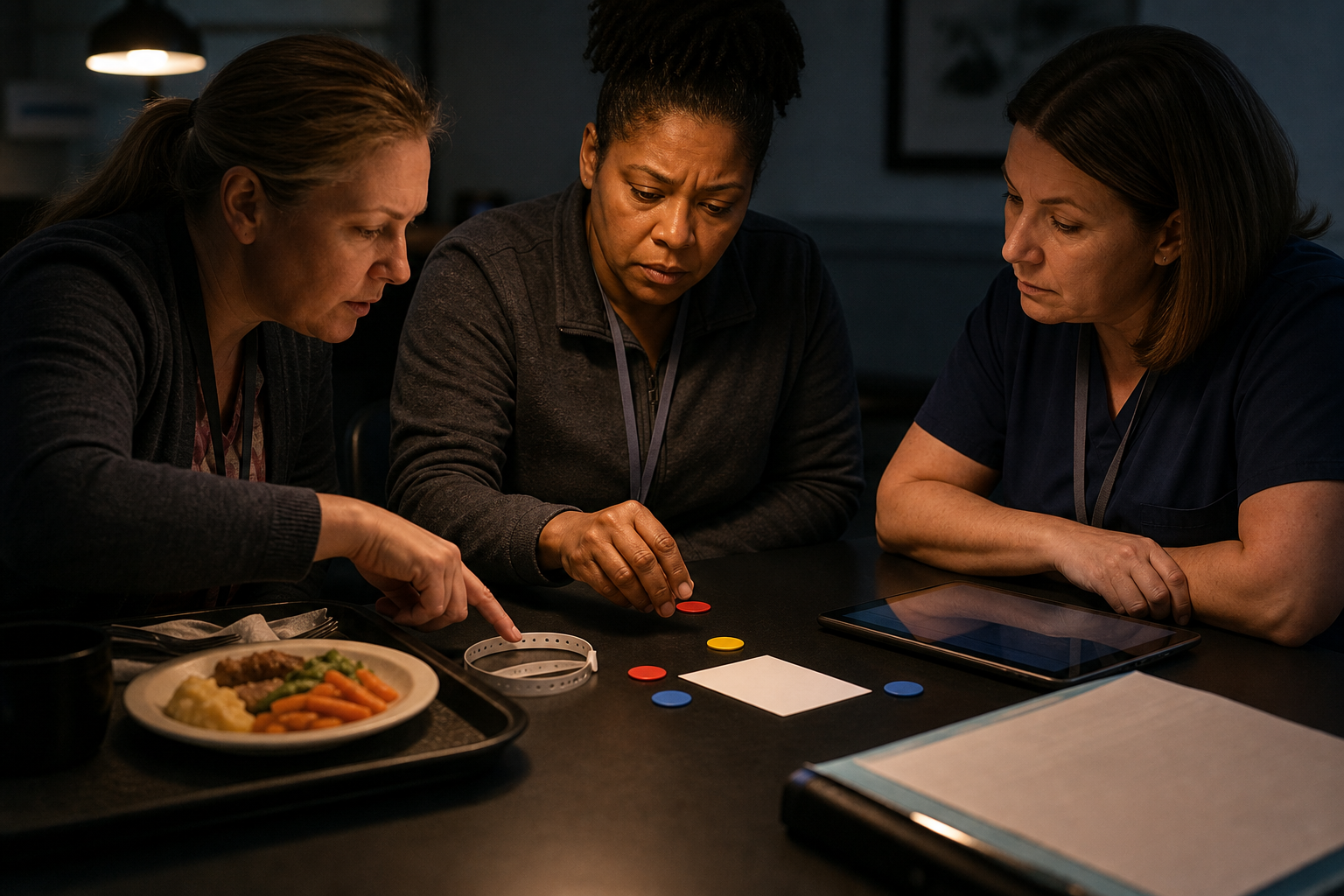 A compliance team compares a meal tray, resident band, blank incident card, and abstract digital record to identify validation mismatches.