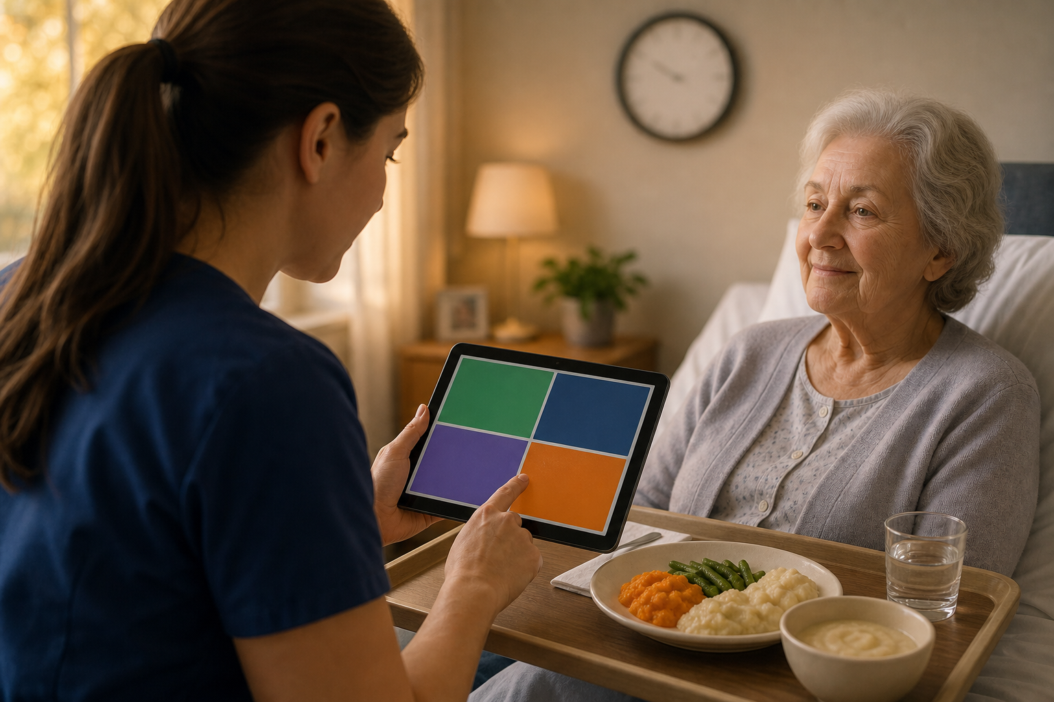 A nurse records texture order, tray confirmation, bedside observation, and timing beside a calm older adult after a meal check.